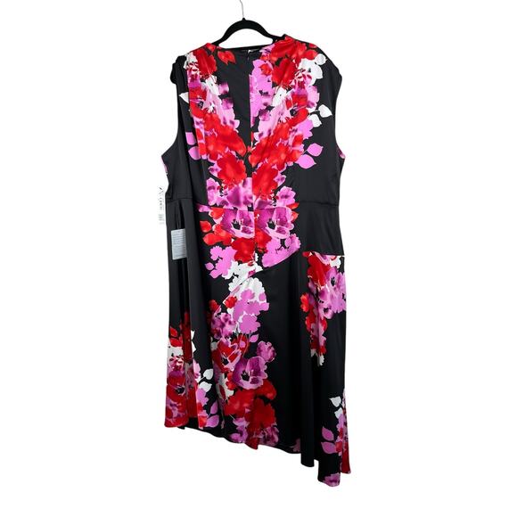 Maggy London Woman Multi Black Floral Asymmetric Charmeuse Midi Dress 24W NWT - Picture 3 of 13
